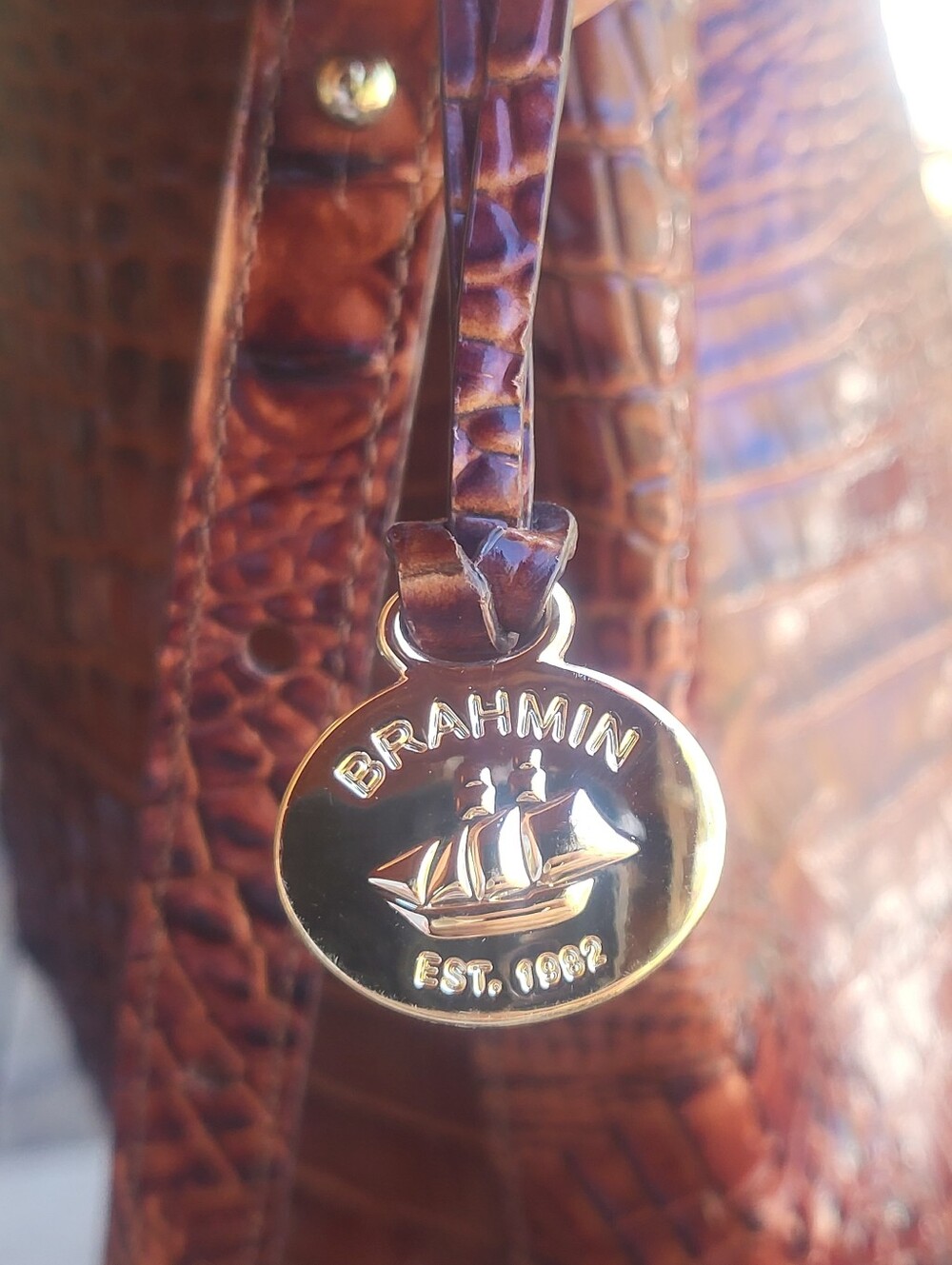 Brahmin Marlowe Melbourne Chestnut Croc-Embossed Drawstring Bucket Bag - Picture 5 of 16